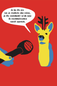 Affiche de Noël reprenant le meme avec le renne devant un micro, en quatre couleurs