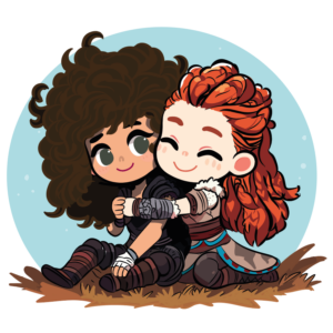 Illustration représentant Aloy du jeu vidéo Horizon Zero Dawn qui fait un câlin à une autre personne
