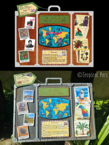 Infographie et panneau de signalisation à Tropical Parc, avec des images, photos retouchées, dessins, gravures