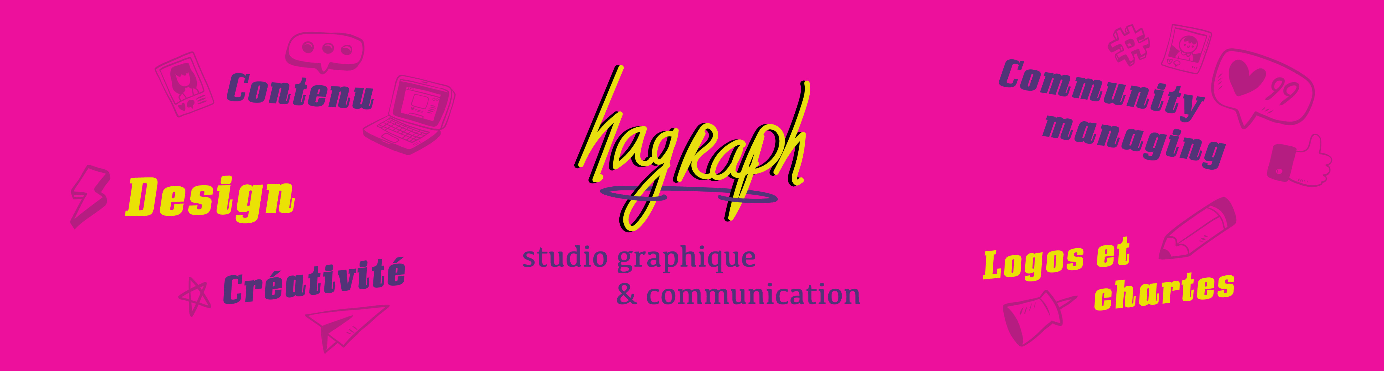 bannière du site hagraph qui indique contenu, design, chartes, logo, créativité, community managing