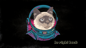 Image d'un chat portant une tenue d'astronaute dans des couleurs vintages, le texte "be right back" est écrit en bas à droite