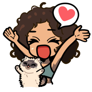 Dessin chibi d'un personnage heureux et d'un chat qui lève ses petites pattounes au ciel