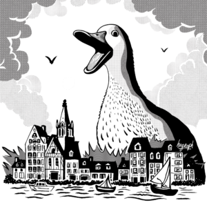 Dessin d'un canard géant qui détruit une ville bretonne, inspiré par Godzilla. Il y a de nombreuses trames graphiques
