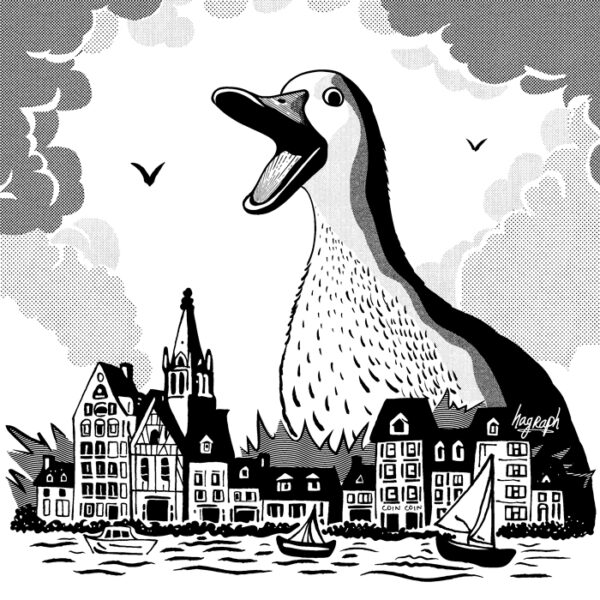 dessin d'un canard géant qui détruit une ville bretonne